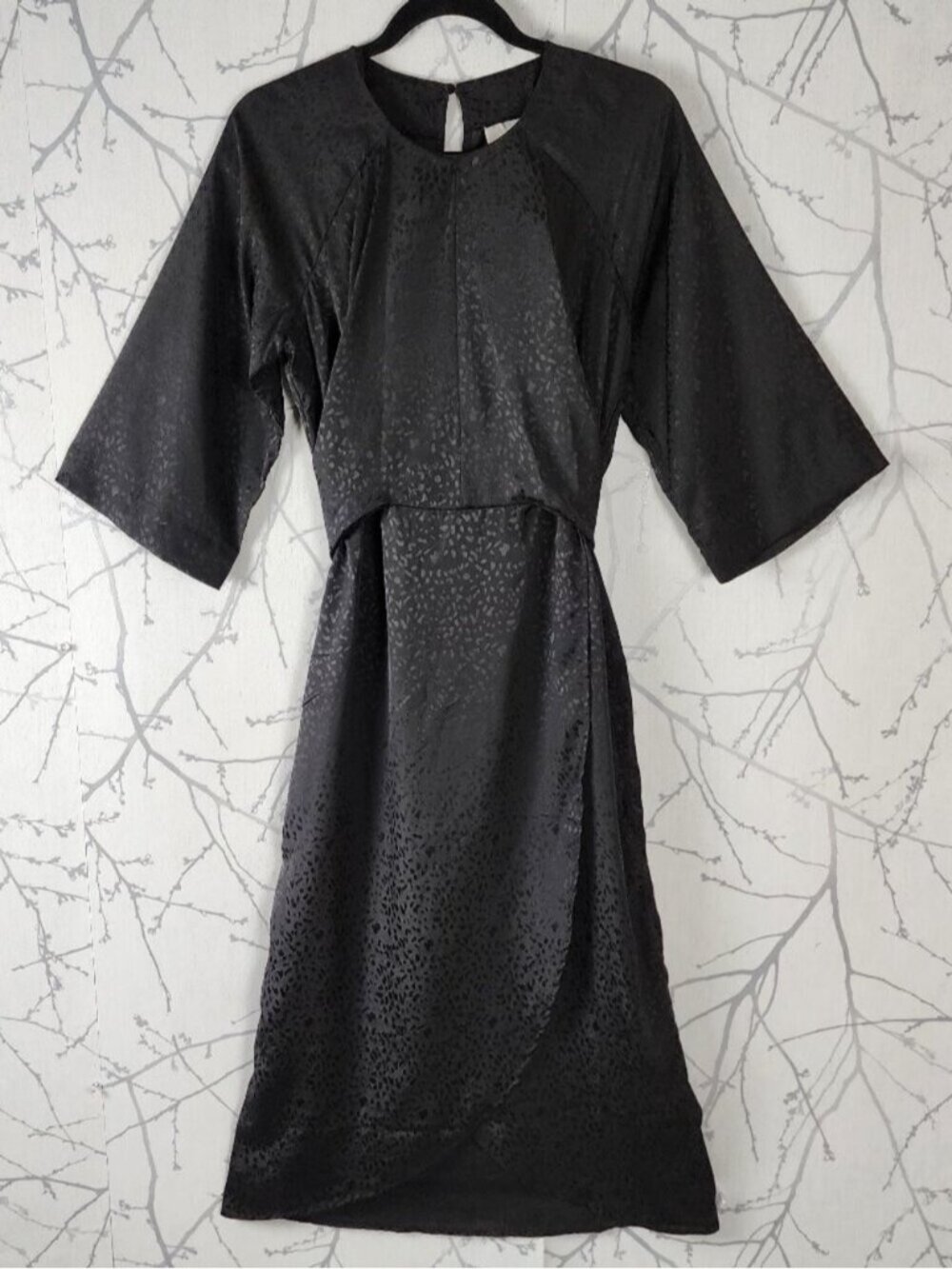 Vila Black Satin Jacquard Tulip Hem Viliva 3/4 Length Sleeve Midi Dress